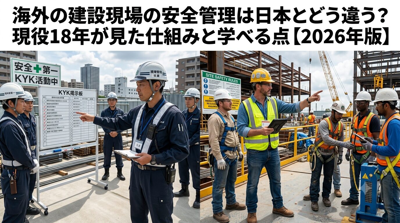 海外の建設現場の安全管理は日本とどう違う？現役18年が見た仕組みと学べる点【2026年版】 という記事のアイキャッチ画像を作成して（工事現場・安全管理・比較）