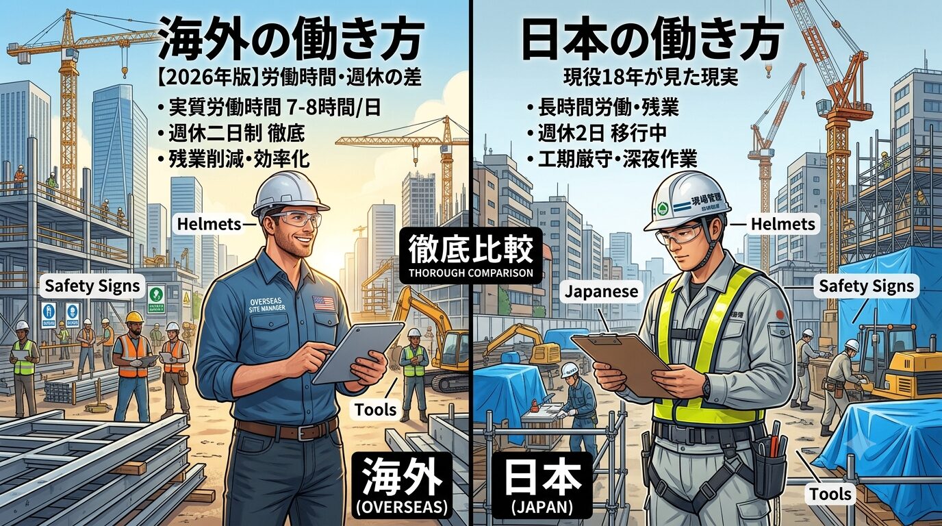 海外の建設現場の働き方は日本とどう違う?現役18年が見た労働時間・週休の差【2026年版】