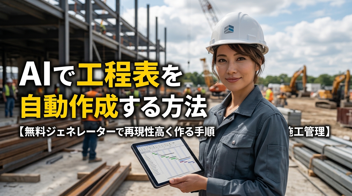 タブレットで工程表を確認する施工管理技士と建設現場。AIで工程表を自動作成する方法の記事アイキャッチ