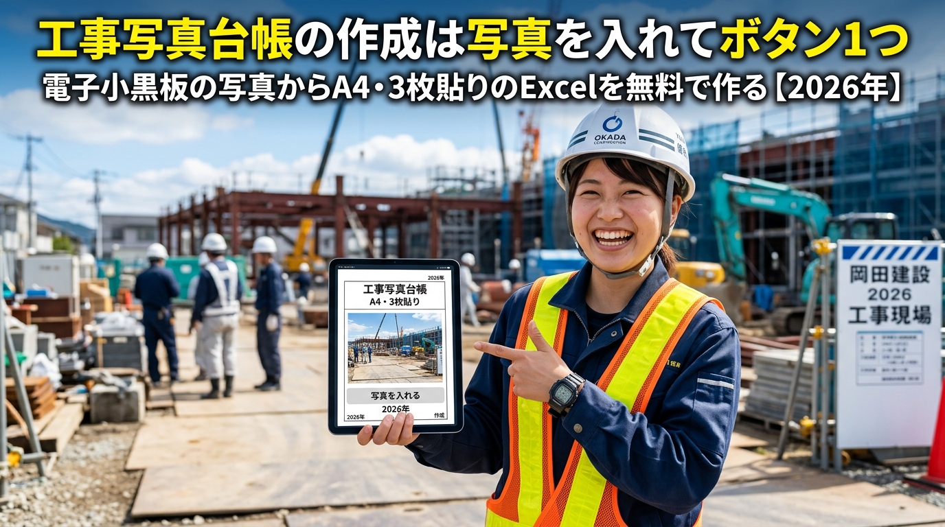 工事写真台帳の作成は写真を入れてボタン1つ|電子小黒板の写真からA4・3枚貼りのExcelを無料で作る【2026年】