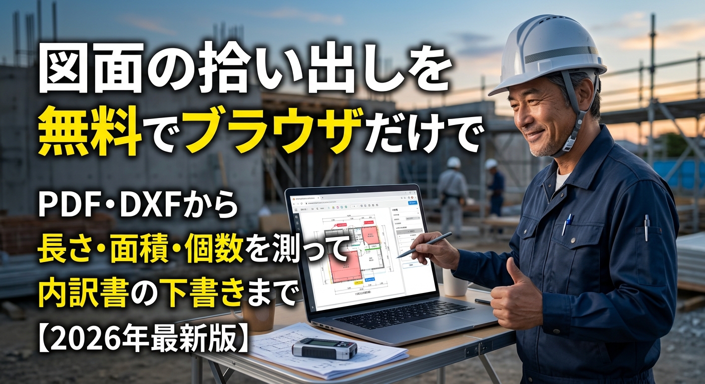 図面の拾い出しを無料でブラウザだけで｜PDF・DXFから長さ・面積・個数を測って内訳書の下書きまで【2026年】